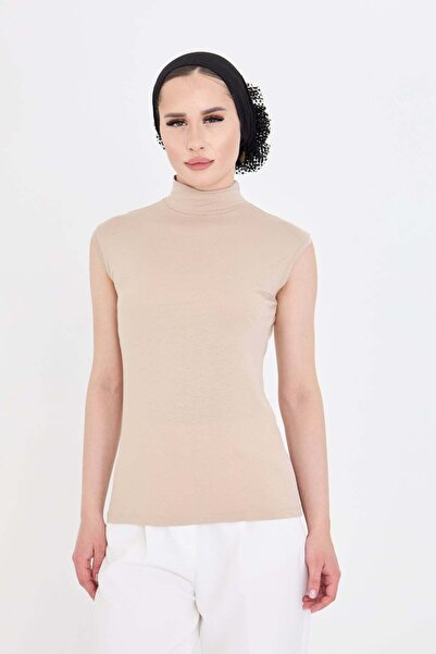 HÜRREM BONE Beige Body Turtleneck Viscose Zero Sleeve 1027_12
