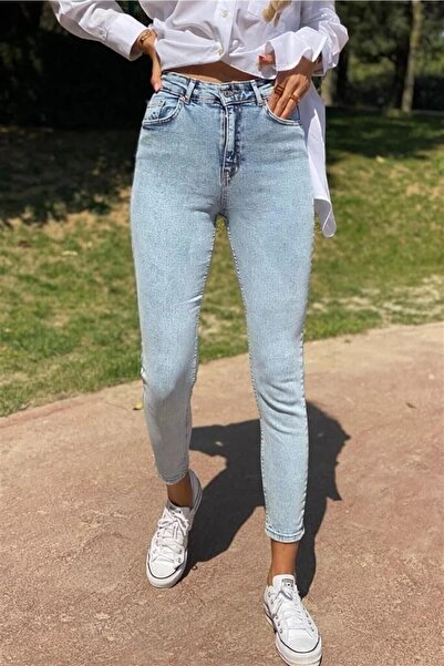 BEES JEANS Γυναικείο τζιν παντελόνι με ψηλή μέση και στενό τελείωμα, μπλε χιο...