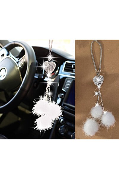 Arabest Bling Car Rear View Mirror Charms,White Heart,Fuzzy Drops,Rhinestones...