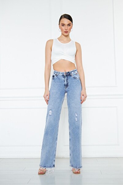 cracpot Women's Blue Comfort High Waist Wide Leg Jeans with Laser Detail