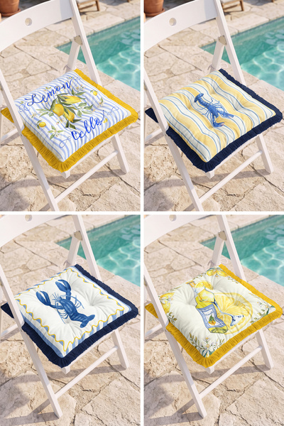 Realhomes Lemon and Blue Lobster Patterned 4-Piece Fringed Pouf Chair Cushion...
