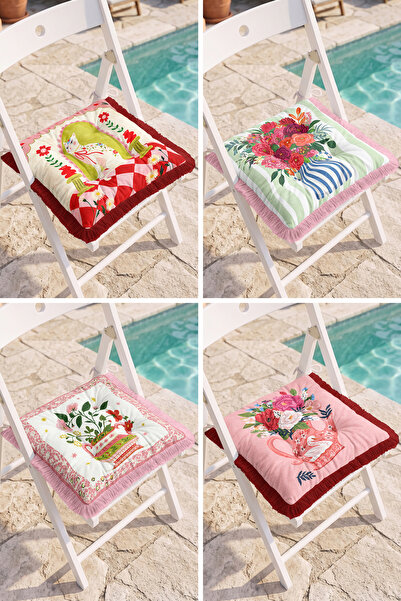 Realhomes Modern 4-Piece Fringed Pouf Chair Cushion Set with Floral Bouquet, ...
