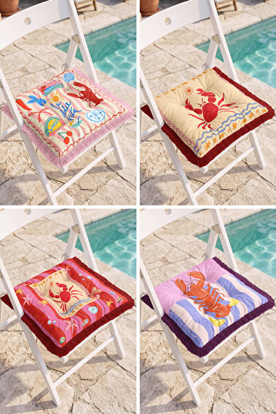 Realhomes Sea-Themed 4-Piece Fringed Puffy Chair Cushion Set with Crab and Lo...