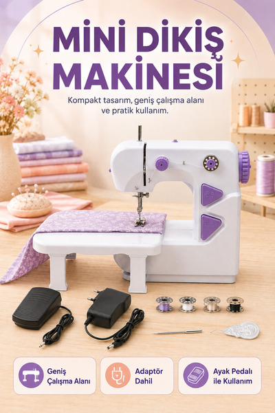BSTBRANDSHOPPİNGTR Mini Dikiş Makinesi Taşınabilir Dahili Çalışma Işıklı, 2 K...