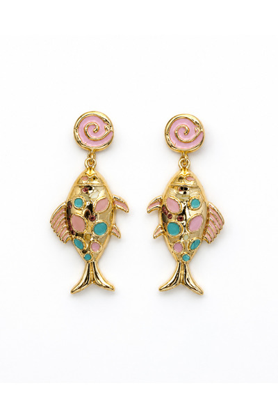 stravis Gold fish figured colorful stone detailed dangle earrings