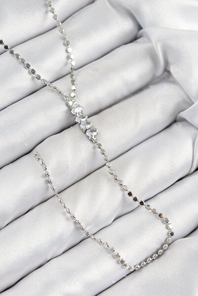 SORA GROUP Brass Zircon Stone Crushed Chain Model Silver Color Y Necklace