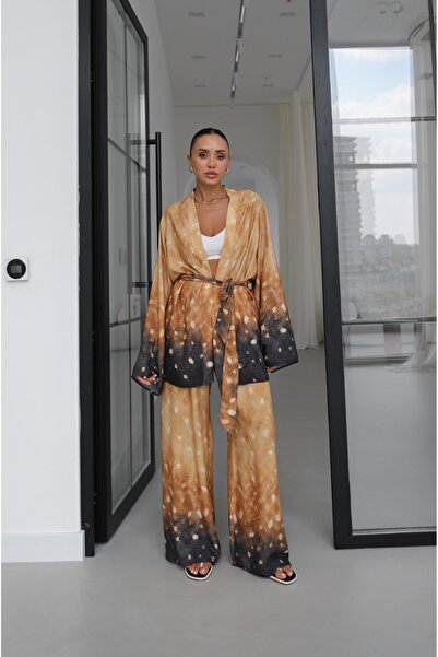 Havoş Yellow Patterned Belted Kimono Trouser Set