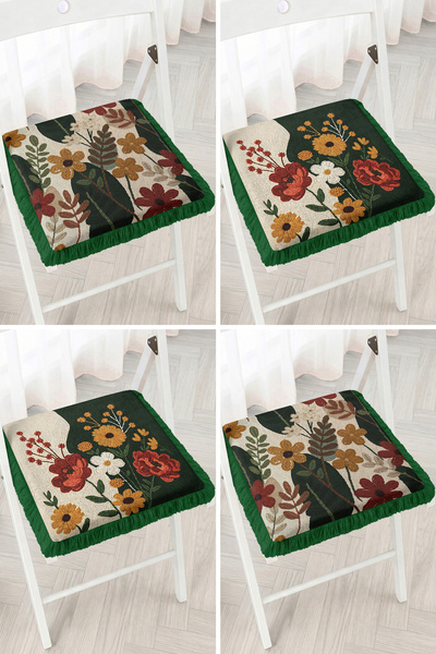 Realhomes Vintage 4-Piece Fringed Zippered Chair Cushion Set with Large Flora...