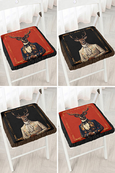 Realhomes Jacketed Deer Portrait Figured Red and Black Patterned 4-Piece Frin...