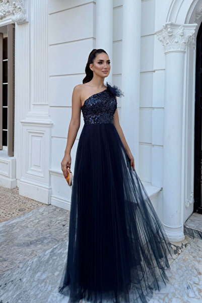 Sindimoda Tek Omuz Çiçek Detaylı Tül Abiye 296