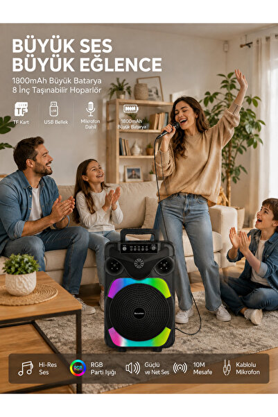 kawigo Hoparlör 8 İnç Bluetooth 5.2 Hoparlör Mikrofonlu RGB Işıklı FM Radyolu Hoparlör Taşınabilir Karaoke Ses Sistemi