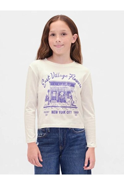 GAP Kids Gap Girls' Crew Neck East Village Flowers Printed Long Sleeve T-Shir...