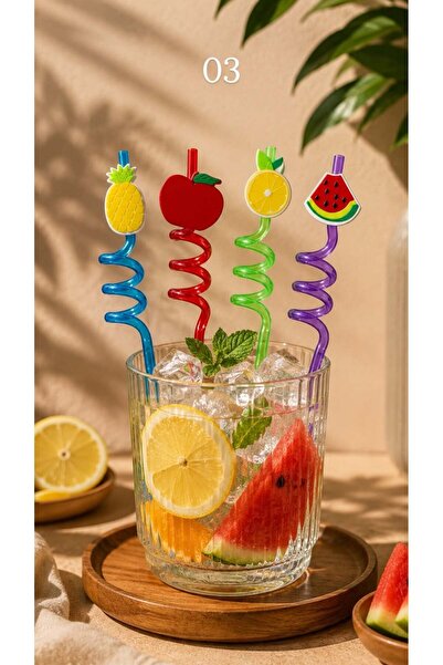 Raneel Kazançlı Alışveriş 4-Piece Curved Plastic Straws with Symbols Mixed