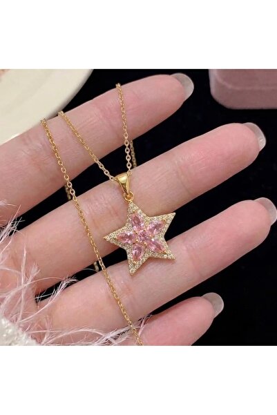Heda Jewelry قلادة النجمة الوردية - قلادة ذهبية اللون مع نجمة وردية من الفولاذ