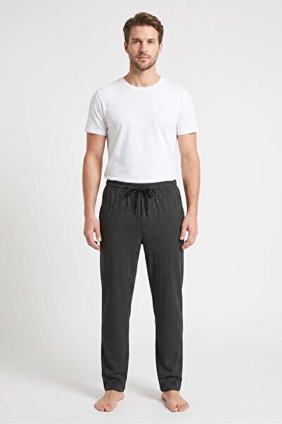 OBJE Men's Black and White Striped Printed Combed Cotton Modal Pajama Bottoms