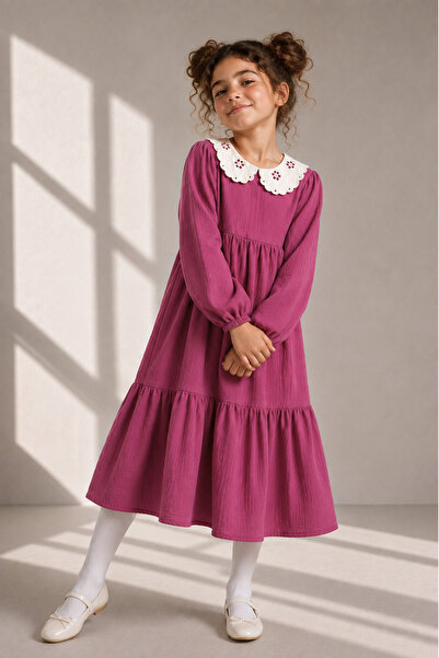 Angel&Co. Girls Clothing Embroidered Collar Muslin Midi Dress-Fuchsia