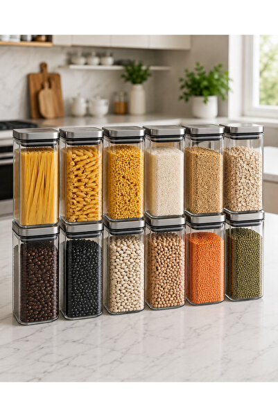 Karçiçeği Home Set of 12 2000 ml Square Borosilicate Glass Jars – with Vacuum...