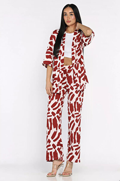 Aryena Burgundy Women's Patterned Kimono Pants Double Set