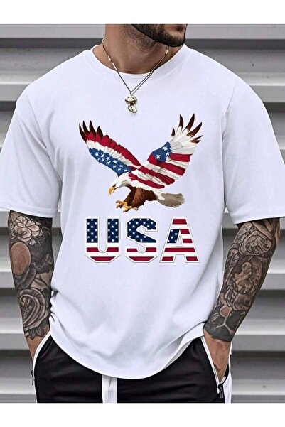 4CR Patriotic American Flag Eagle Print Men's T-Shirt 100% Cotton, Stylish An...