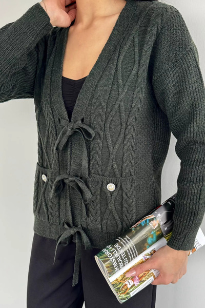 Aryena Koyuhaki Women's Front-Tie Double-Pocket Knitted Cardigan