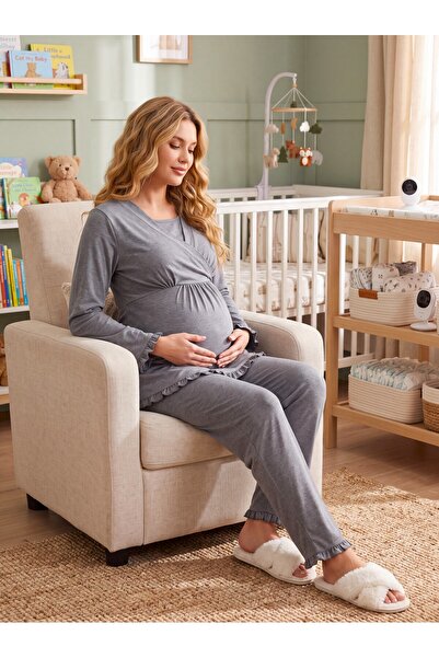 Lohusa Homewear طقم بيجامة للحوامل من القطن بنسبة 100% بأكمام طويلة وياقة مزد...