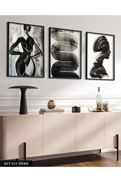 Evinemoda Brush Drabeleri Female Silhouette 3 Piece Wooden Framed Painting Act
