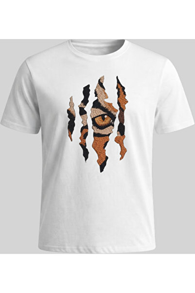 Nazlyna White 100% Cotton Tiger Paw and Eye Illustration Printed Unisex T-Shi...