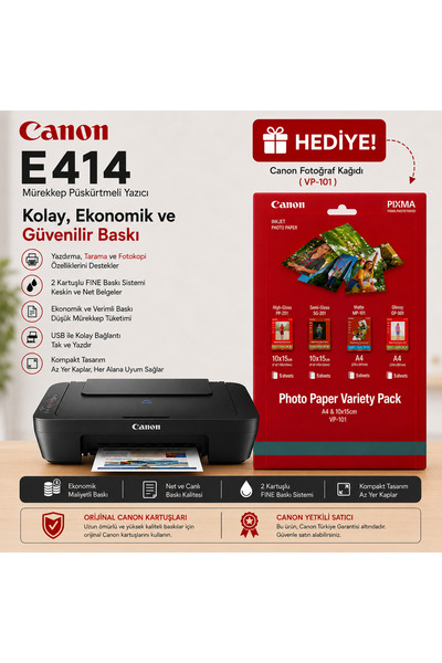 Canon Pixma E414 Yazıcı Tarayıcı Fotokopi + Fotoğraf Kağıdı Hediyeli!