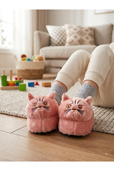 Pembe Pudra Hayvanlı Sessiz Taban Panduf Sevimli Kedi Figürlü Peluş Ev Ayakkabısı