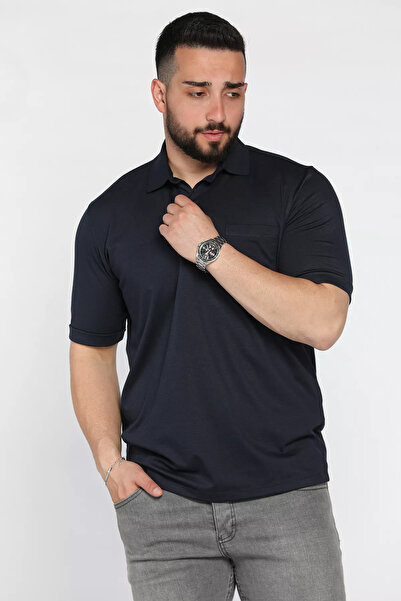 GÜLSELİ Navy Blue Polo Collar Half Button Pocket Men's T-Shirt