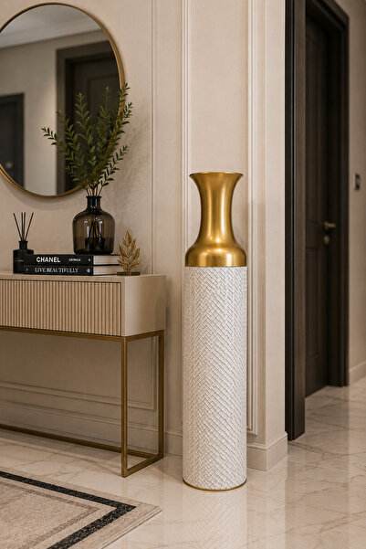 MİS KİTCHEN 84 cm Large Size White Gold Knitted Patterned Decorative Floor Vase