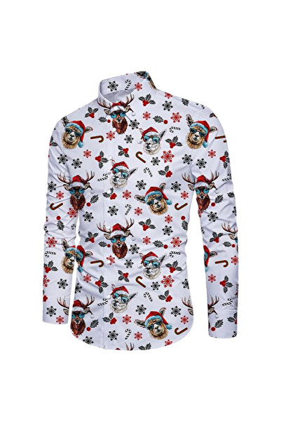 OtherMax Cămașă de Crăciun pentru Bărbați cu Model Ren și Alpaca Casual Albă ...