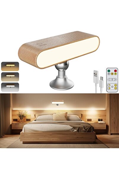 OtherMax Lampă de perete LED maro din lemn, rotativă, magnetică, fără fir — l...