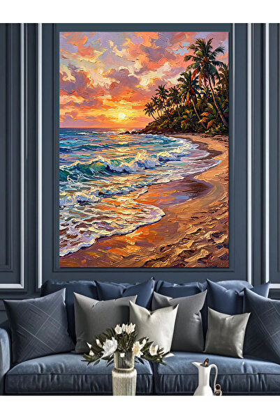 Artmeg Pânză decorativă cu apus de soare tropical cu palmier - tablou din lem...