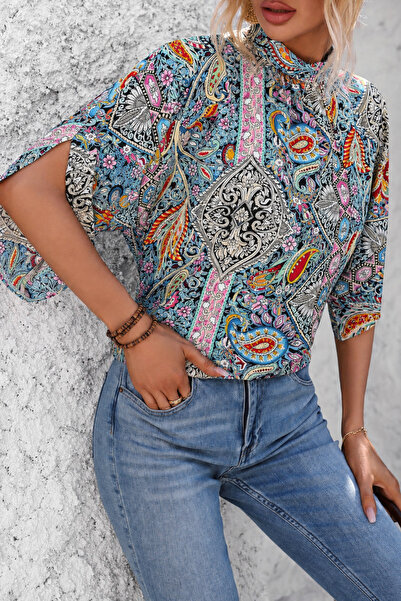 POLO BONETTA Women's Half Turtleneck Ethnic Patterned Moskrep Fabric Blouse |...