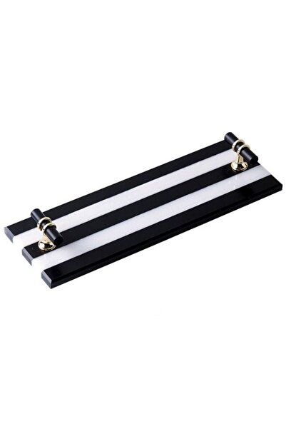 Chase Black and White Stripe Natural Marble Tray with Black and Gold Handle