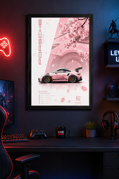 Charmbi Poster cu cadru din lemn Sakura Porsche 911, imprimare pentru pictură...