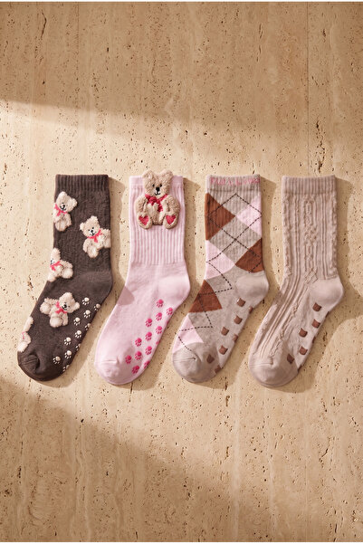 Katia&Bony Girl's 4-Piece Teddy Patterned Cotton Socks
