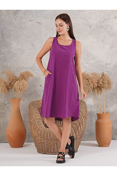 Flubutik Women's Sleeveless Cotton Dress with Pockets, Plum