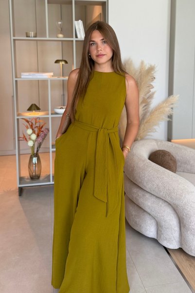 Aventien Stylish Oil Green Jumpsuit with Belted Pockets
