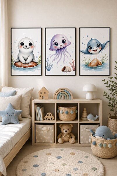 PANDA SOKAĞI Çocuk Odası Deniz Temalı 3’lü Ahşap Duvar Tablo Seti Balina Kapl...
