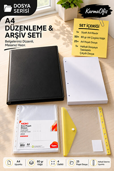 KarmaOfis A4 Düzenleme ve Arşiv Seti 4 Halkalı Siyah Klasör | 50 Yaprak 80 Gr...