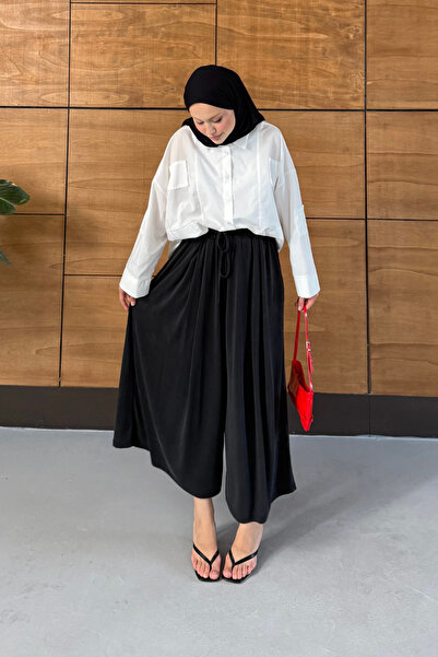 Miss Allos Wide-Legged Draped Modal Fabric Skirted Trousers with Elastic Waist