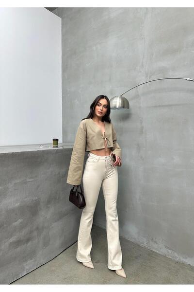 Moda Days Pantaloni de damă NATUREL cu talie înaltă, croială slim, evazați, c...