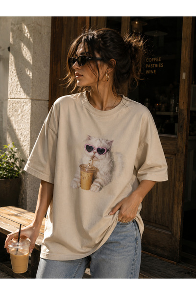 ENB1R MODA Γυναικείο μπλουζάκι Oversize με στάμπα γάτας που πίνει καφέ, με μο...
