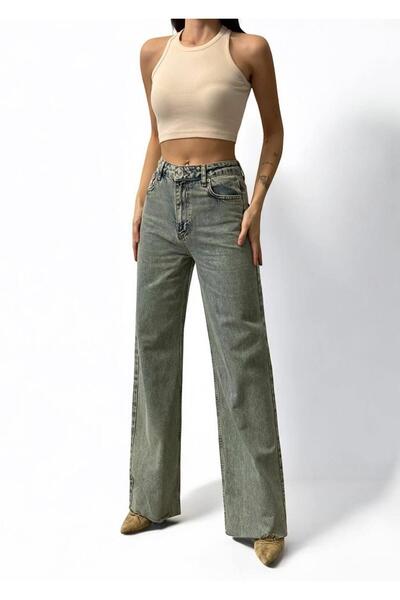 Clothes Fast Women's Light Green Laserized Wide Leg Jean Trousers with High W...