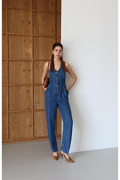 Clothes Fast Women's Blue Tencel Jumpsuit Halter Neck Buttoned Belted Pockete...