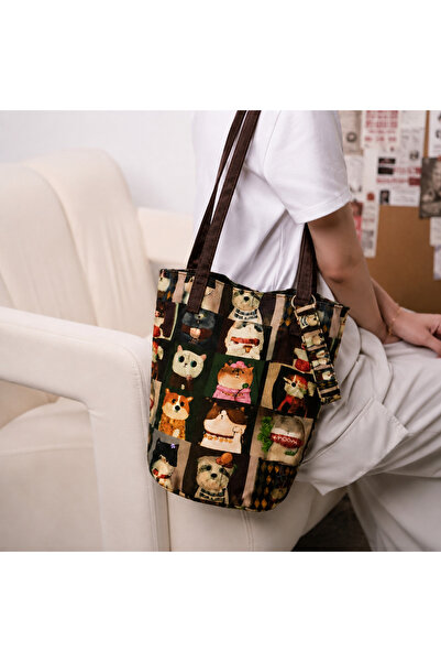 Street Bag Korean Style Cute Bucket Bag Oil Painting Cat Dog Pattern Shoulder...