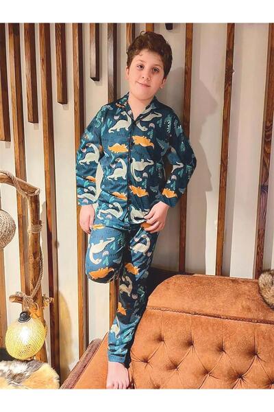 LUFFY KİDS Boy's Patterned Front Buttoned Long Sleeve Pajama Set 9045