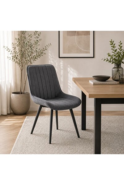 JollyMag Scaun tapitat de bucatarie si living, Grace, catifea matlasata gri, picioare metal negre, 43.5x53x88